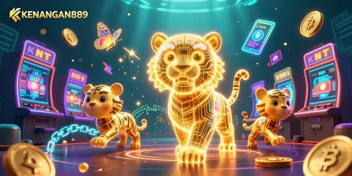 Engage in thrilling gameplay with KENANGAN889 as a golden tiger navigates a vibrant digital casino.