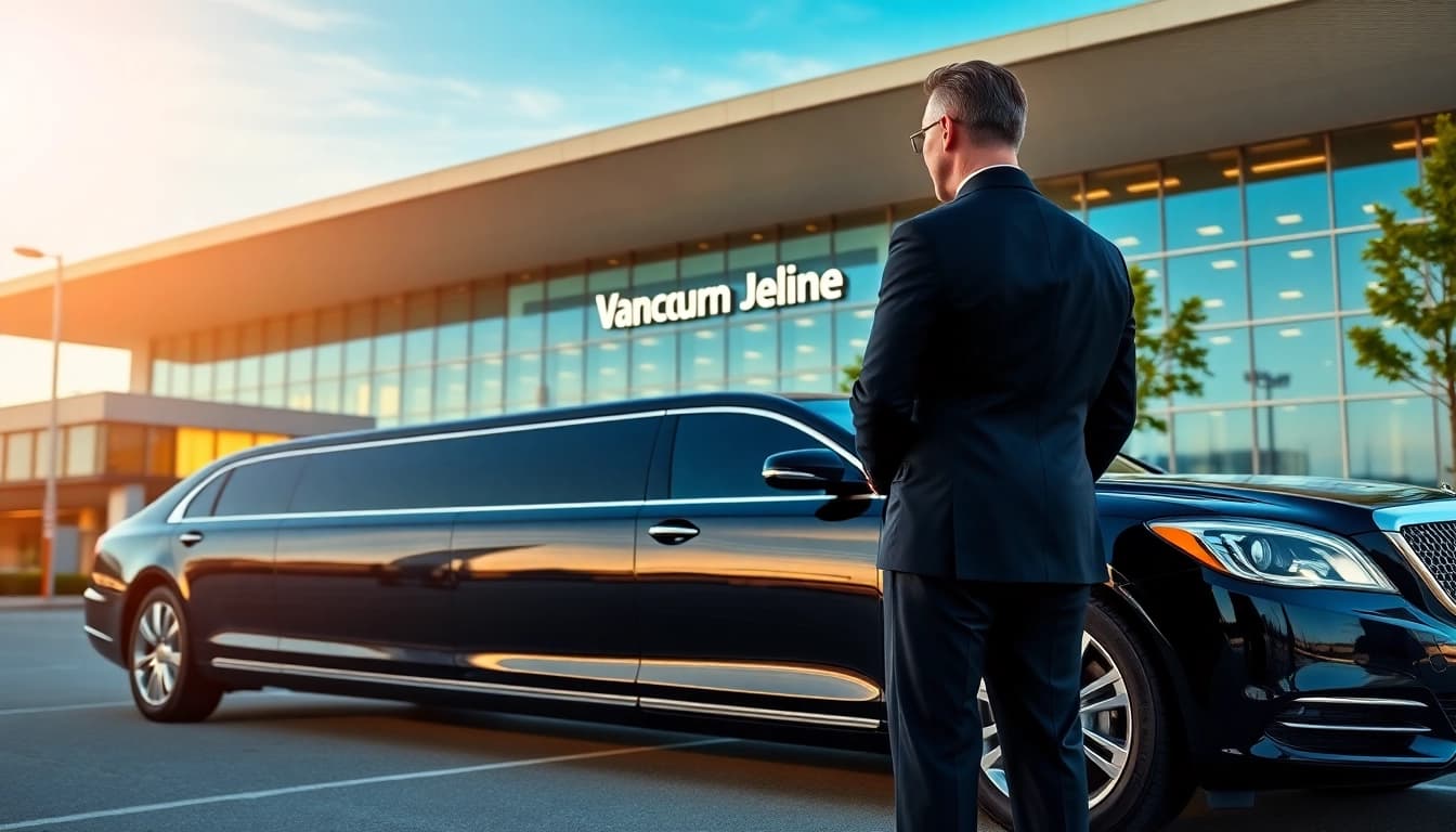 Chauffeur welcoming passengers in a luxurious vancouver airport limo outside the airport.