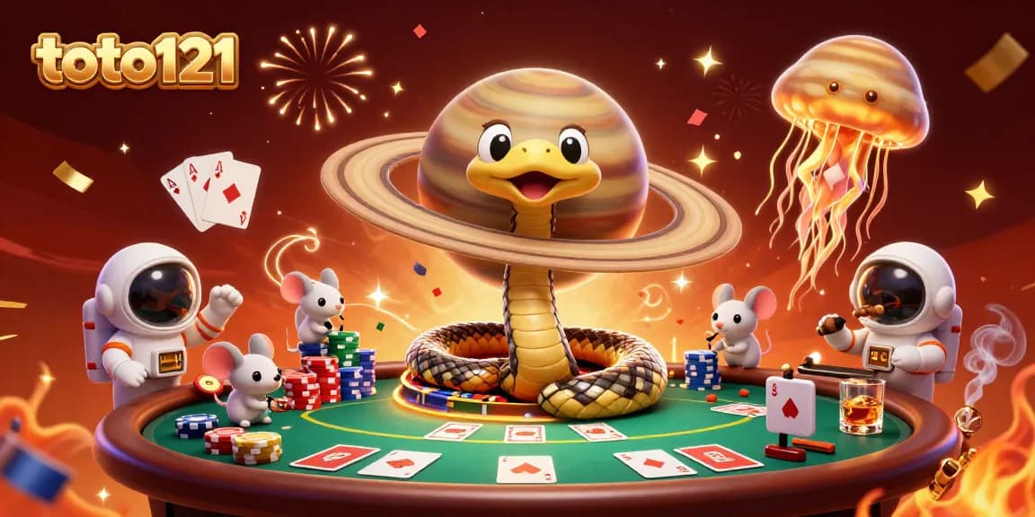 Toto121 showcases tiny astronaut mice placing bets on Saturn's rings while a cosmic dealer jellyfish floats by.