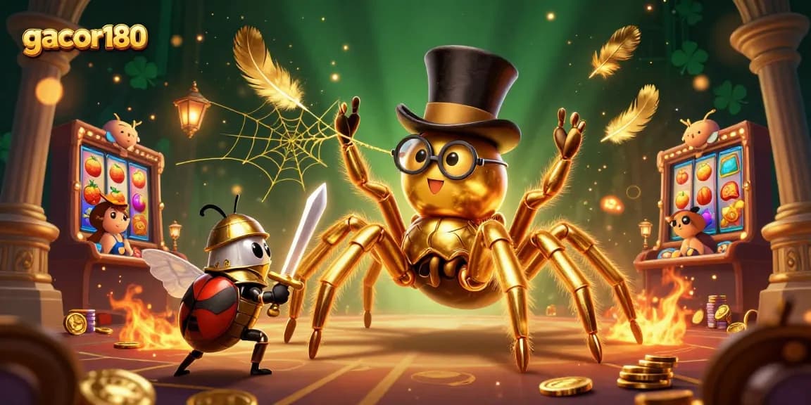 Gacor180 menampilkan tarantula emas raksasa dan ksatria kecil dalam ilustrasi 3D ceria di kasino.