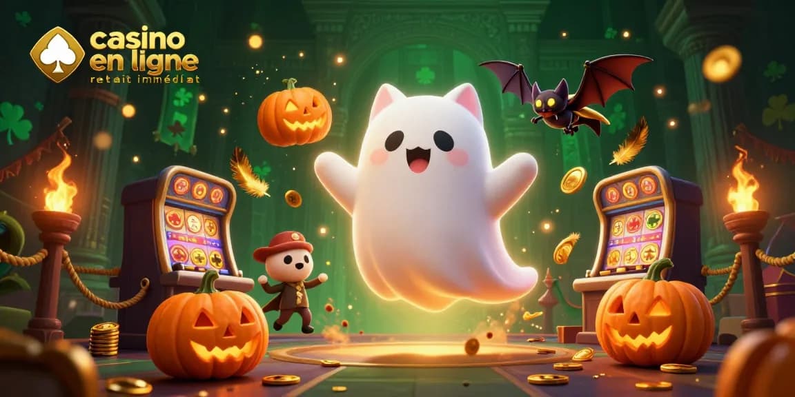 Casinos en ligne retrait immédiat : une illustration captivante d'un chat fantôme et d'une chauve-souris jouant aux machines à sous.