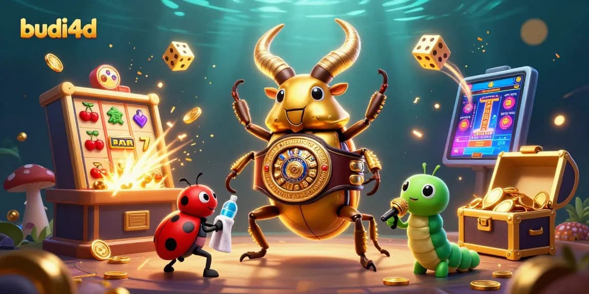 Experience thrilling wins with budi4d's dynamic gaming scene featuring cheerful characters, jackpots, and vibrant casino elements.