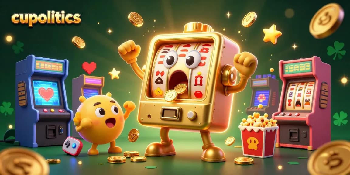 Mesin slot cupolitics momen jackpot mengeluarkan koin berlimpah dalam suasana ceria.