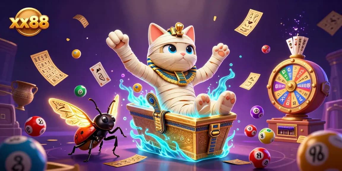 xx88 engages players with a vibrant 3D cartoon scene showcasing exciting gambling elements like colorful lottery balls and fabulous prizes.