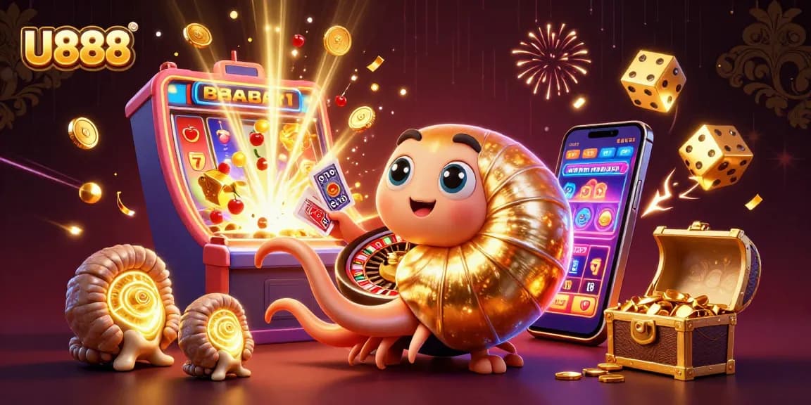 Experience thrilling gaming at U888 with vibrant 3D illustrations of slots, roulette, and cards.