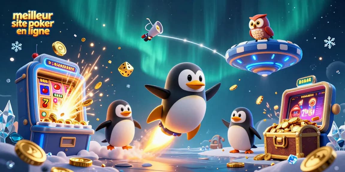 Découvrez les meilleurs sites de poker en ligne avec un pingouin doré s'élevant entre les symboles de casino.