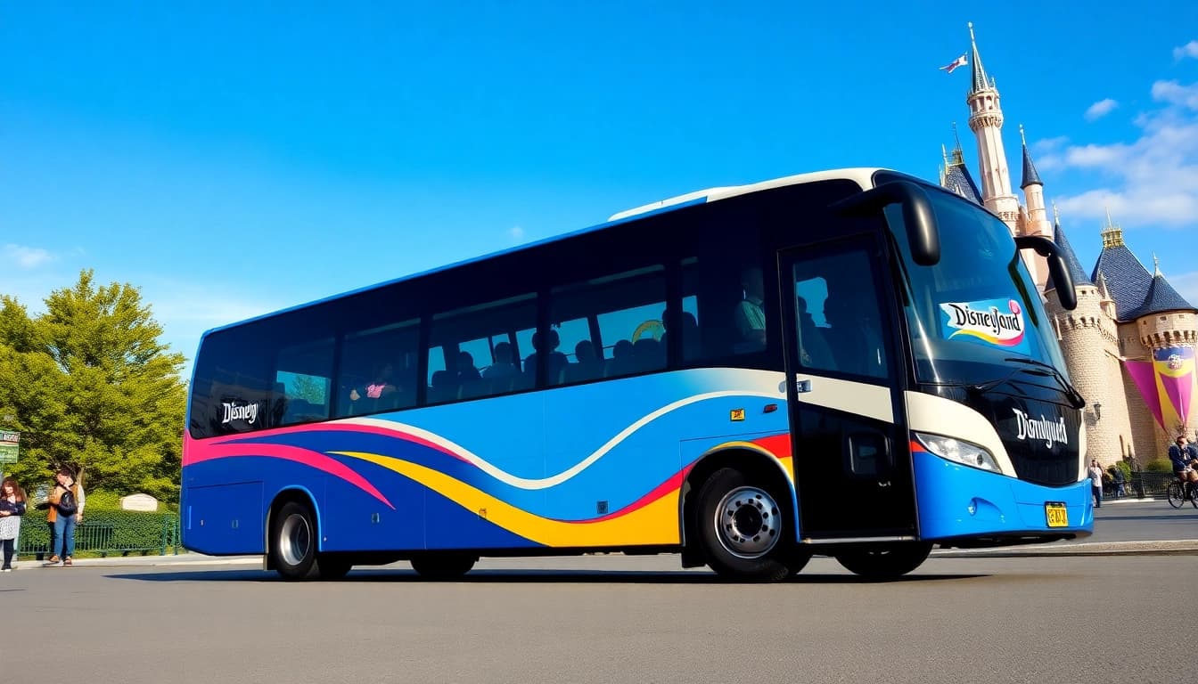 Shuttle bus taking passengers disneyland paris to airport near Disneyland Paris castle.