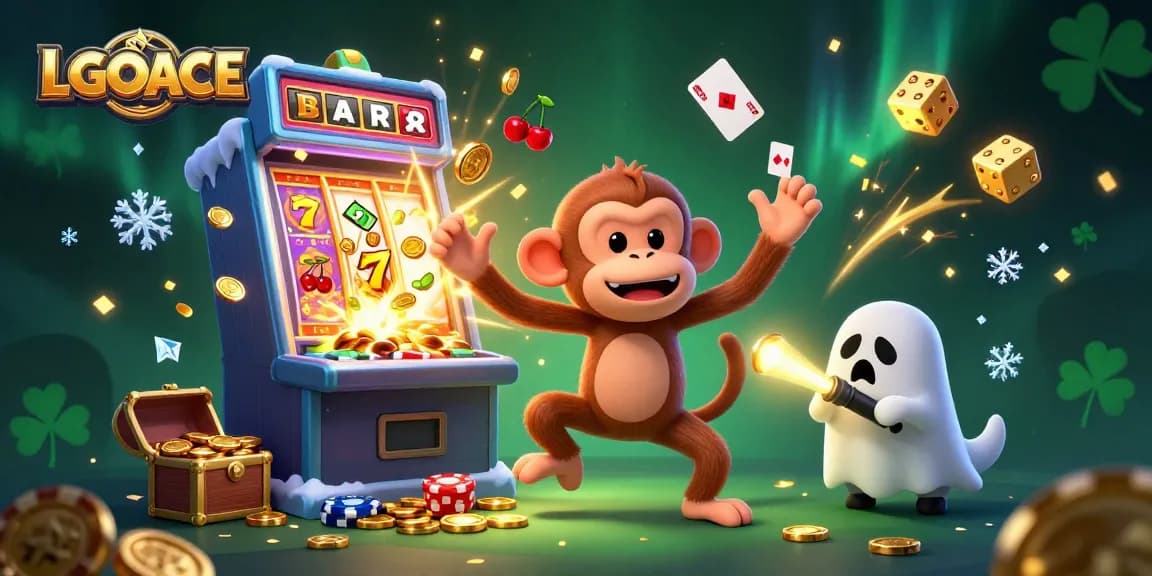 LGOACE showcases an exciting haunted casino scene with a playful poltergeist monkey and a curious puppy, surrounded by vibrant gaming elements and treasures.