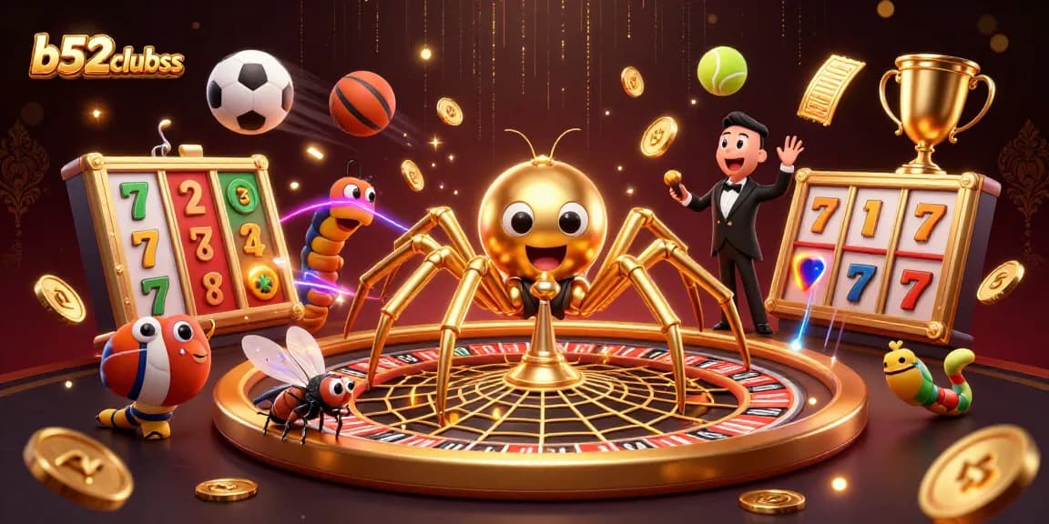 Experience the excitement of b52clubss with a dynamic scene of gaming elements and characters.