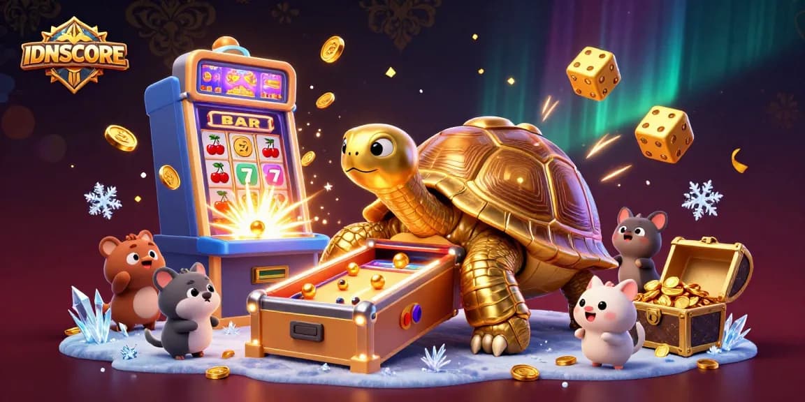 IDNSCORE captures the excitement of slots with a vibrant 3D scene showcasing a jackpot machine and colorful mascots.