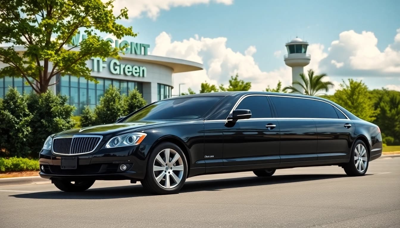 Experience premium airport limo service TF Green with a sleek black limousine in a picturesque setting.