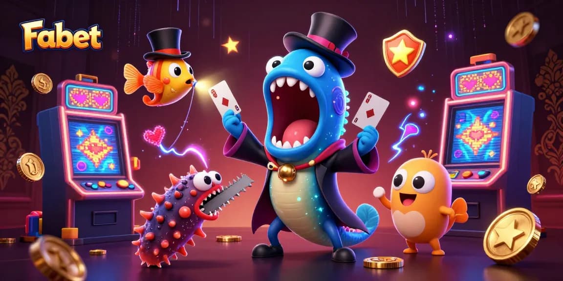 Fabet showcases a magical deep-sea casino scene with a card trick by a gulper eel and vibrant slot machines.