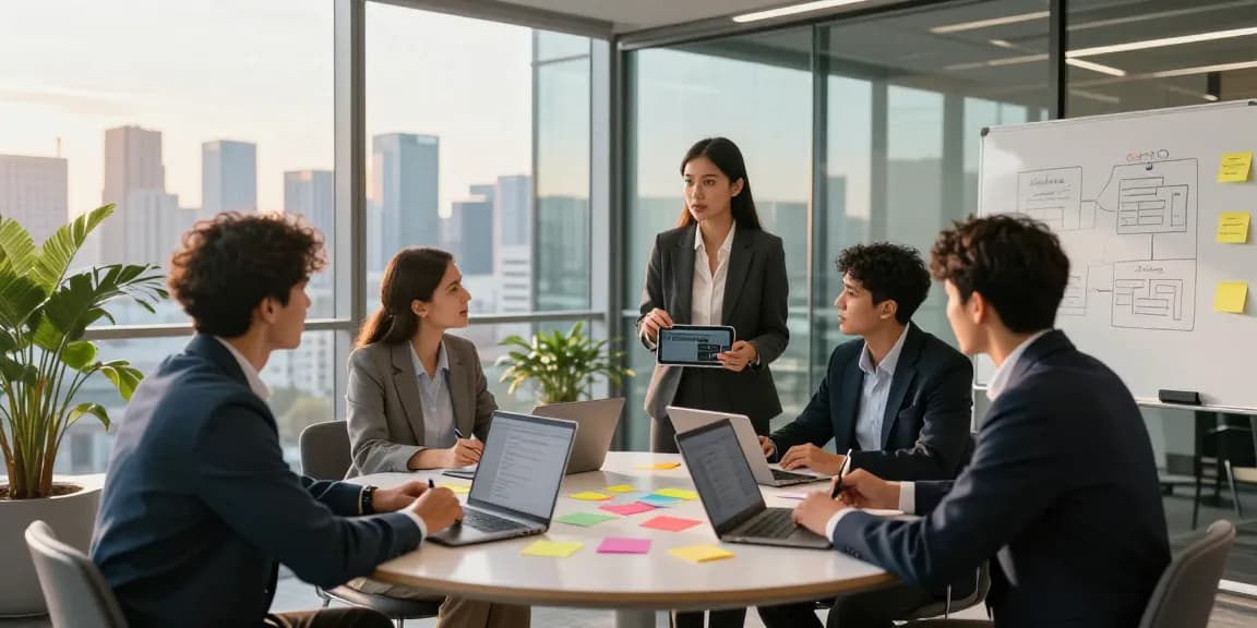Team collaboration in a modern office environment with bdtjl analysis, showcasing diverse brainstorming during strategy meeting.