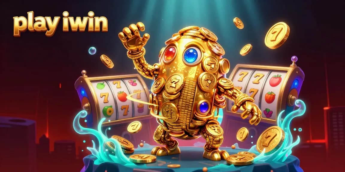 Play iwin with the ancient golden golem, surrounded by spinning slots and vibrant casino elements.