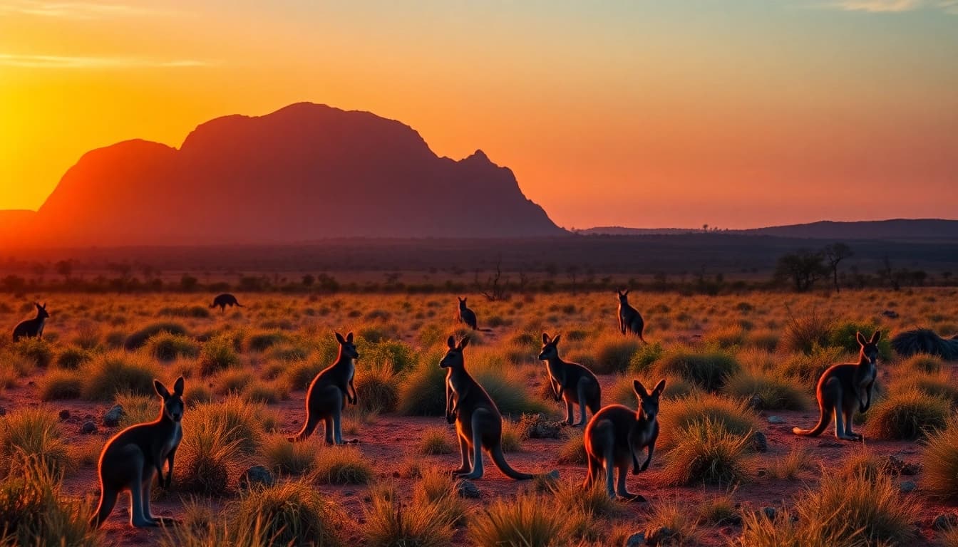 Experience the stunning landscapes of Australia with kangaroos and Ayers Rock at sunset.