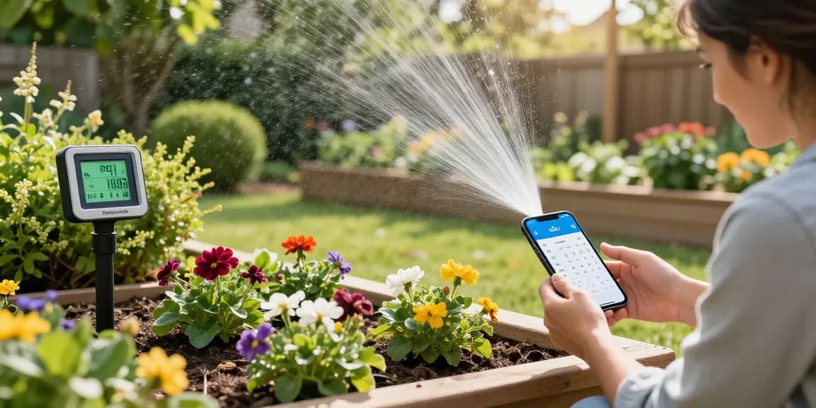 homeowner using rainpoint Irrigation Controllers to optimize watering in a flourishing garden