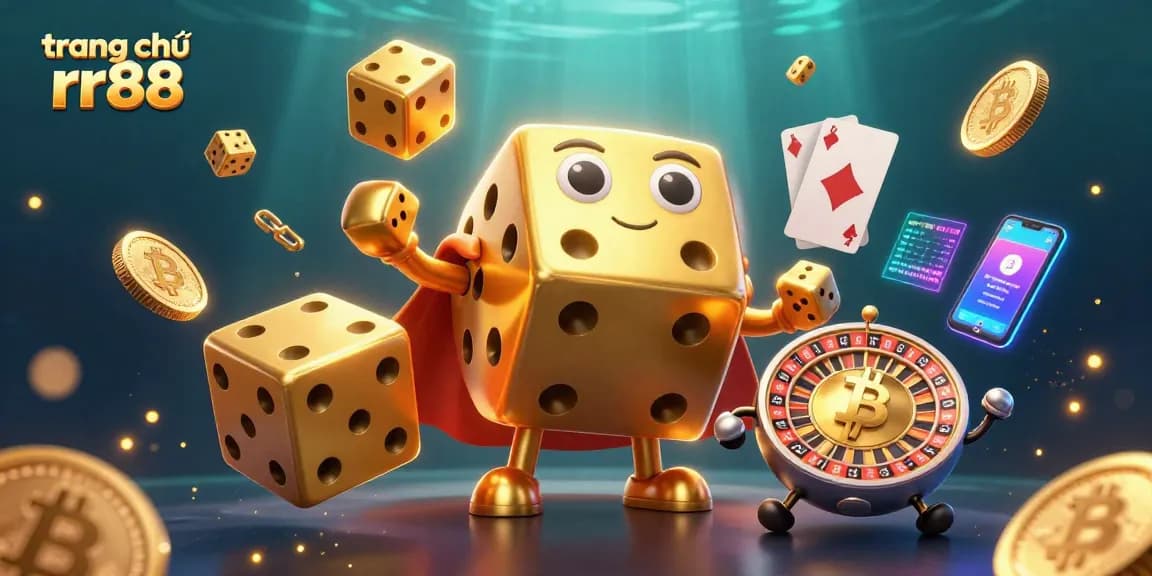 Engage in excitement on trang chủ rr88 with a dynamic 3D casino illustration showcasing vibrant game elements.