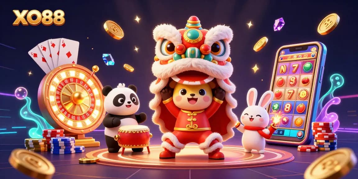 Engage in the exciting world of XO88 with a lively lion dance and vibrant casino elements.