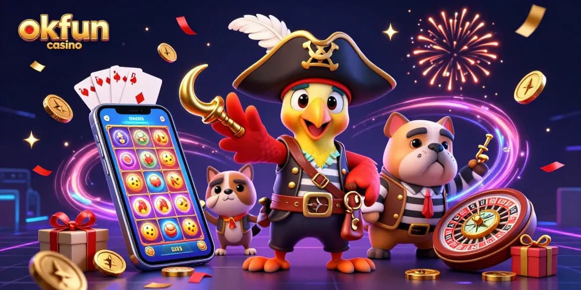 Experience thrilling gameplay with okfun casino's pirate-themed 3D illustration featuring slots and casino elements.