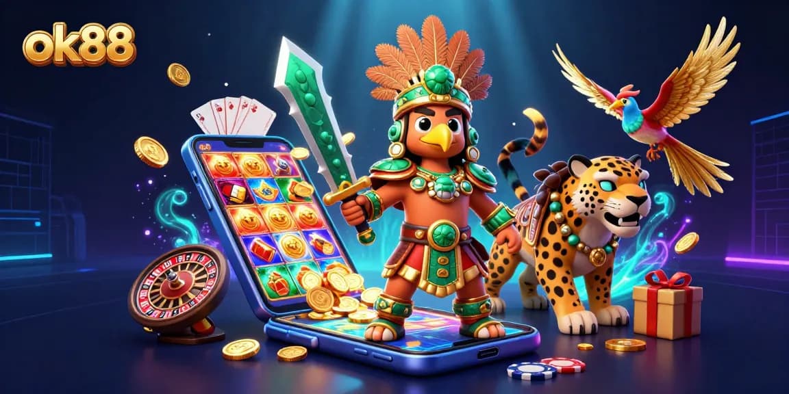 Win big with ok88: a vibrant scene of an Aztec warrior in a casino world filled with excitement!