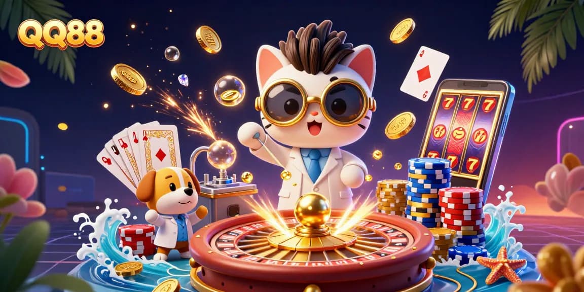 Engage with QQ88's thrilling casino experience featuring vibrant game elements and exciting characters.