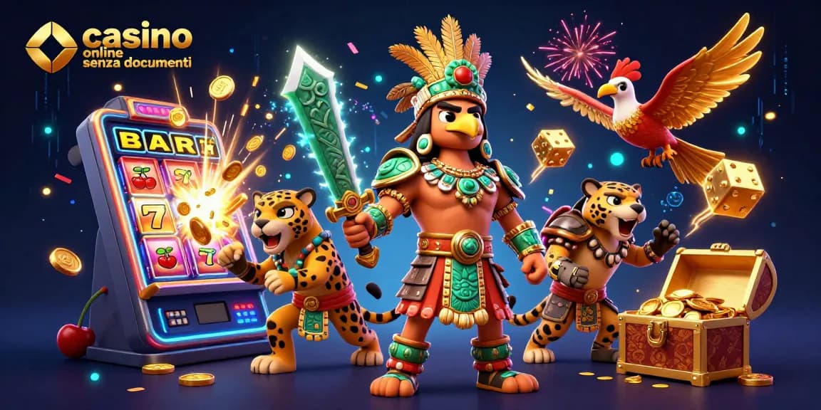 Gioca nel casino online senza documenti con un fiero guerriero azteco e simboli di fortuna che esplodono.