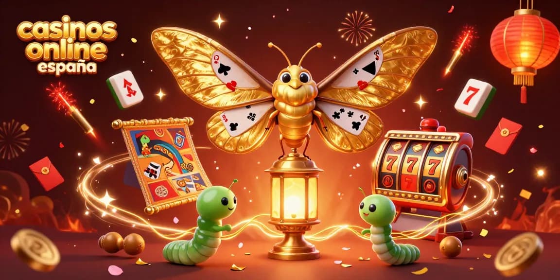 Vibrante escena de casinos online en España con una polilla 3D y elementos de jackpot.