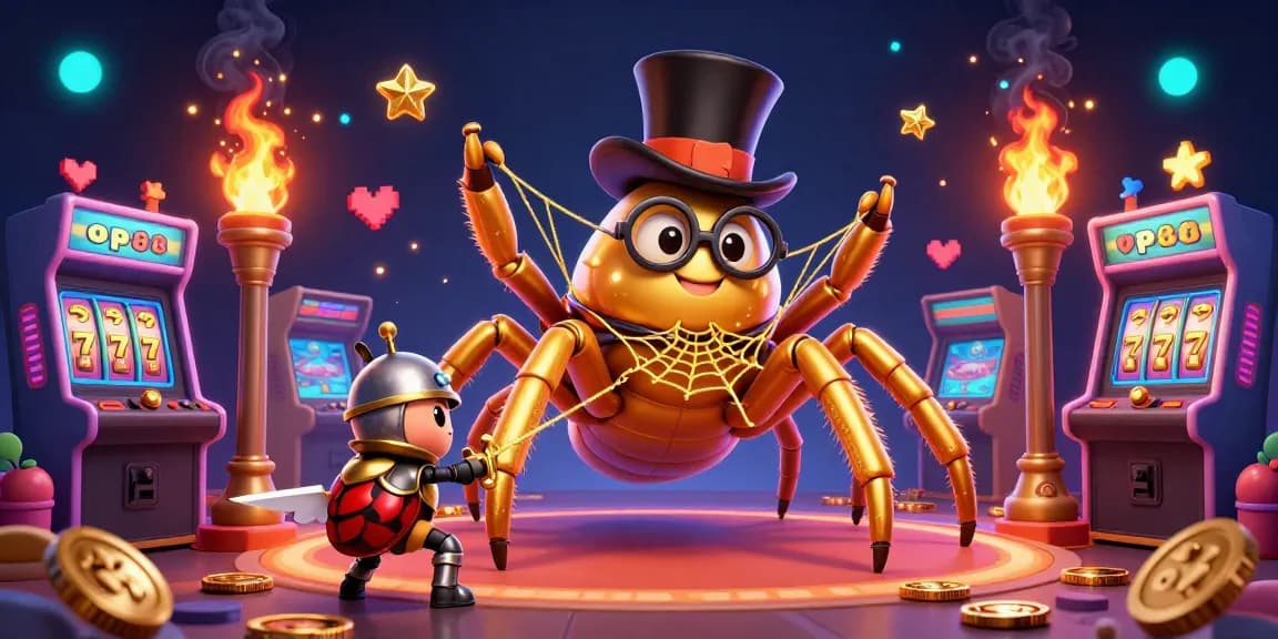 Experience thrilling gameplay with op88's vibrant casino scene featuring a golden tarantula unveiling jackpots and treasures.
