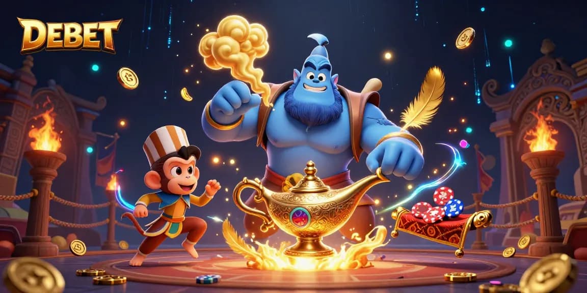 Experience DEBET's thrilling casino adventure with a muscular genie and mischievous monkey.