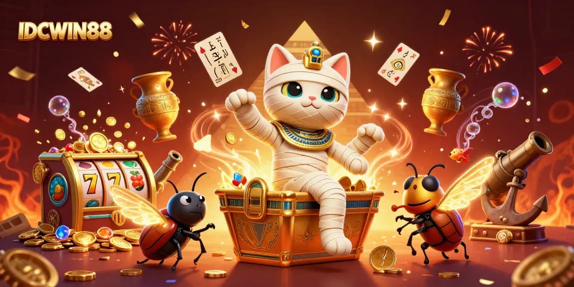 Experience thrilling gameplay at IDCWIN88 with cartoon characters, dynamic slot reels, and vibrant treasures.
