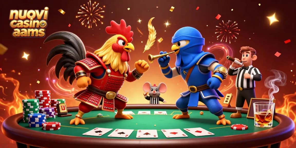 Il volto dei nuovi casino non aams, con galli combattenti e un tavolo da poker affollato di fiches e carte.