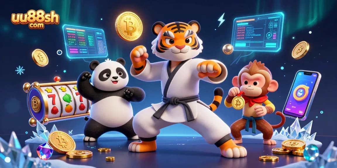 Win big with uu88sh com as a kung fu tiger master and friends play slots in this vibrant casino scene.