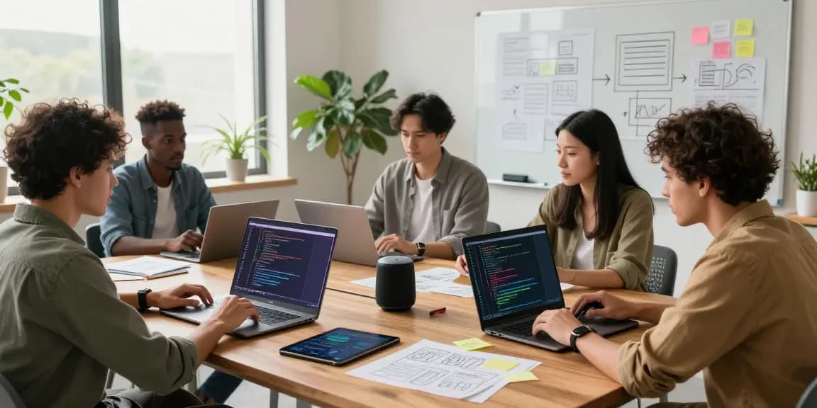Build internal tools with AI in a collaborative tech workspace showcasing teamwork, coding, and creative planning.