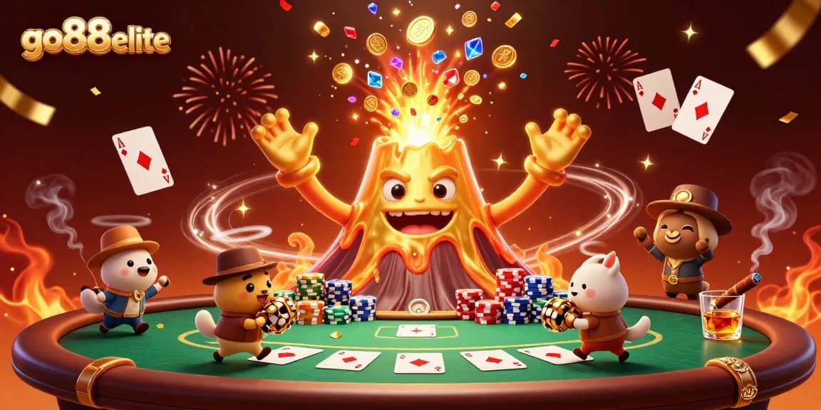 Engage with go88elite's thrilling treasures from an erupting golden volcano in a 3D casino epic scene.