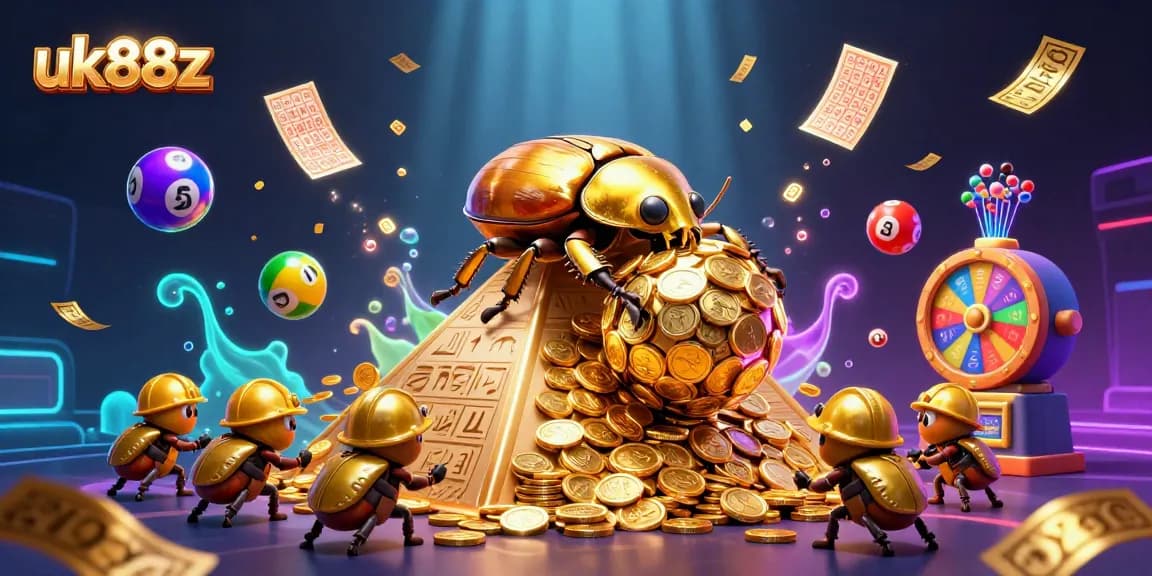 Join the excitement of uk88z as giant golden beetles celebrate with coins in a vibrant casino scene.