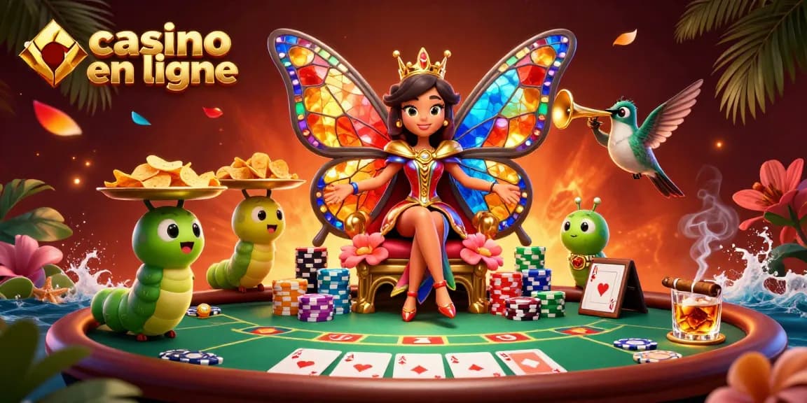 Visitez notre casino en ligne avec la reine papillon, des jetons en or et des cartes de poker.