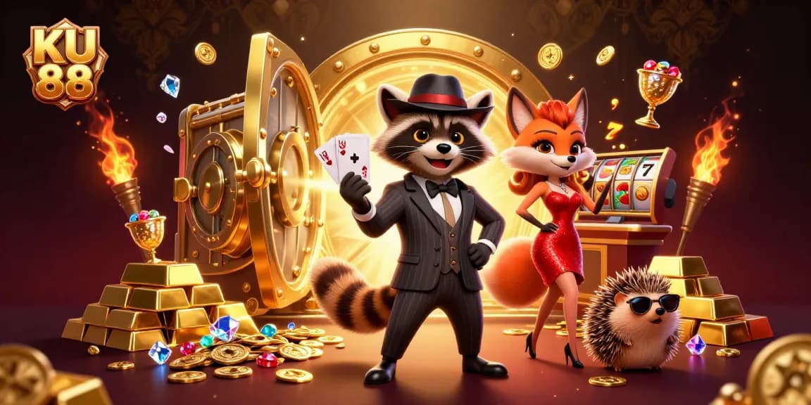 Join the excitement at KU 88 casino with a royal flush and scattered jewels in a dynamic illustration.