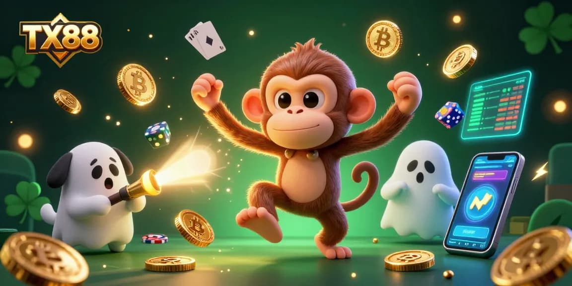 Engage with the enchanting TX88 ghostly casino scene featuring a clever monkey juggling crypto treasures.