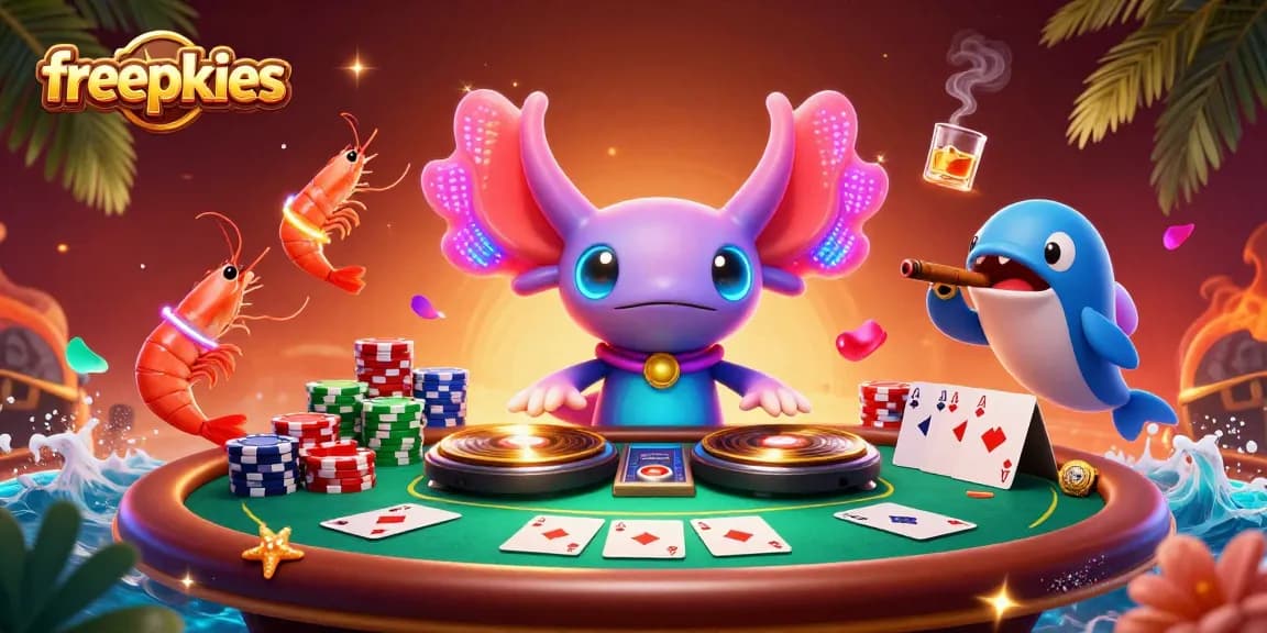 Enjoy vibrant freepokies with a lively neon DJ and a poker setup in this colorful illustration.