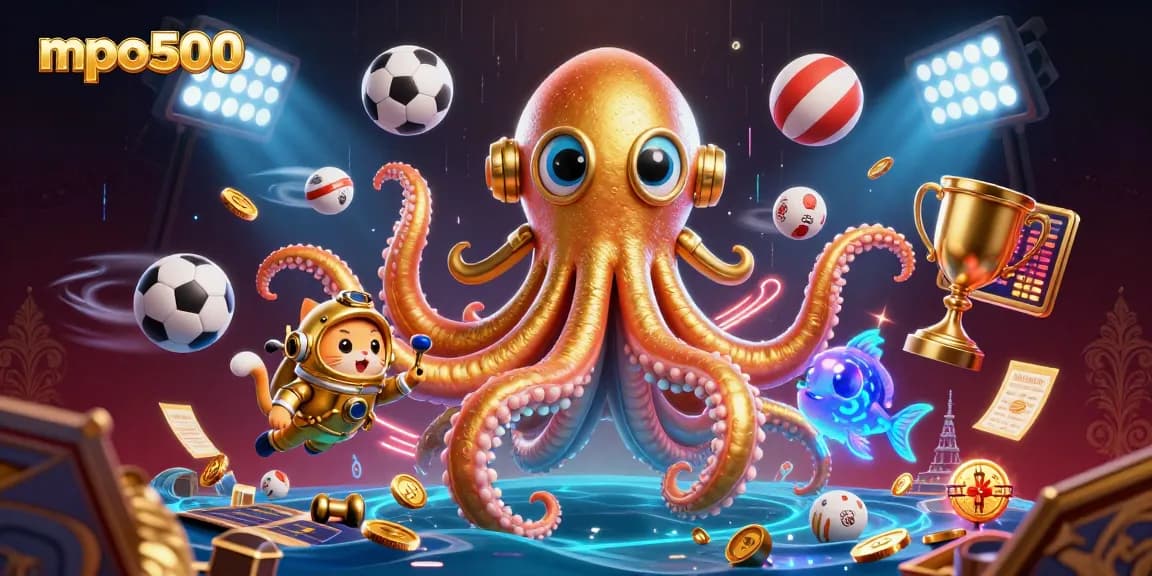 Experience the thrill of mpo500 with a dynamic illustration featuring a kraken, diving cat, and deep-sea fish amidst sports betting elements.