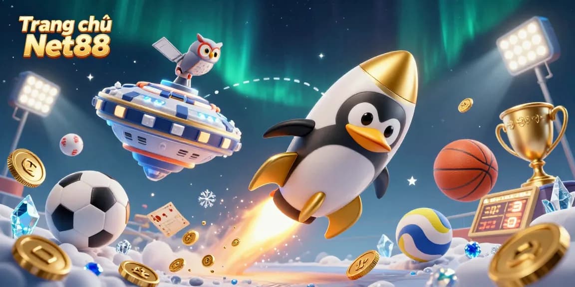 Experience thrilling gaming at Trang chủ Net88 with a vibrant, dynamic casino illustration featuring a golden penguin and sports elements.