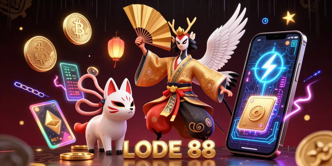 Engage with LODE 88 and experience a vibrant 3D casino artwork showcasing crypto elements.