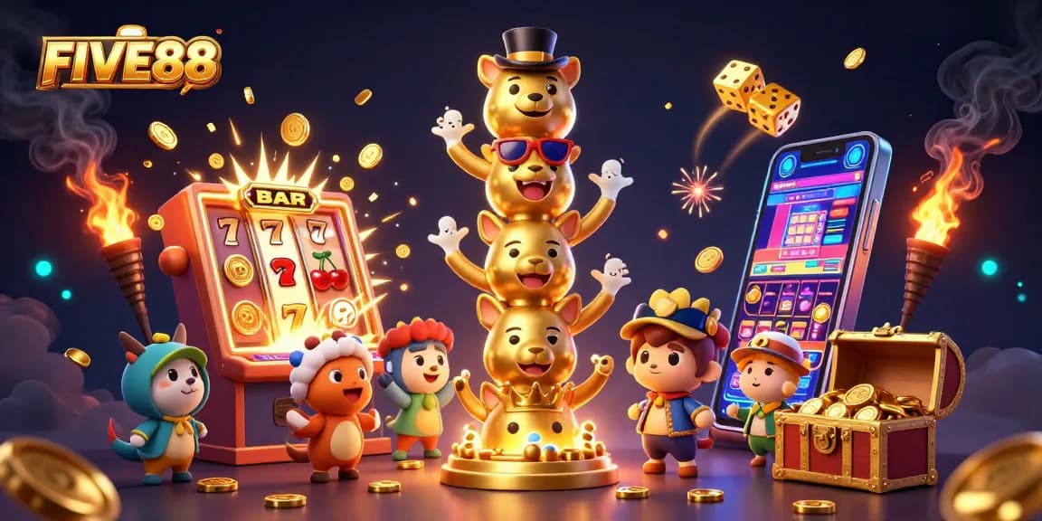 Engage with thrilling gaming moments at FIVE88, featuring animated casino excitement and vibrant jackpot visuals.