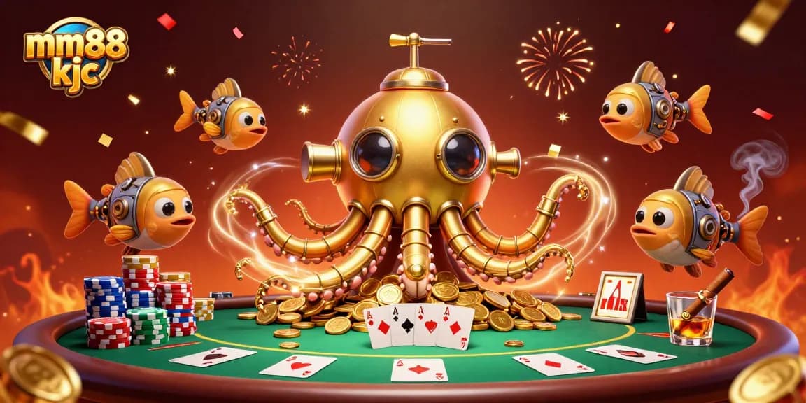 Experience the thrilling world of mm88 kjc with a golden kraken submarine amidst poker excitement and gold coins.