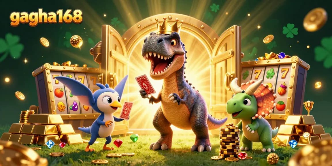 Experience winning thrills with gacha168 as T-Rex plays cards surrounded by vibrant slot machines.