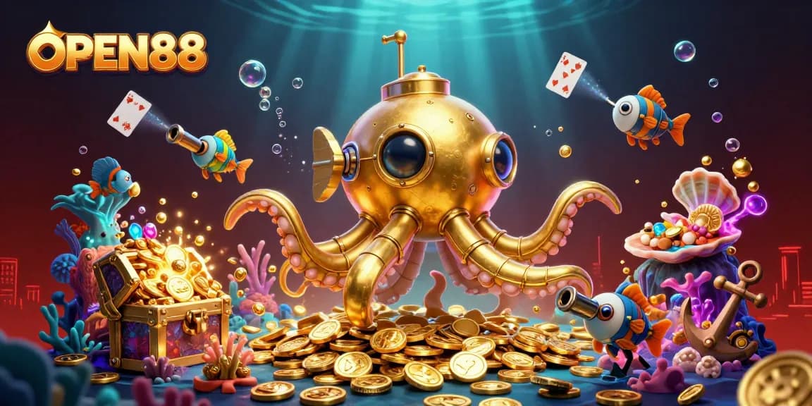 Experience thrilling underwater adventures with OPEN88's golden kraken submarine amidst treasure.