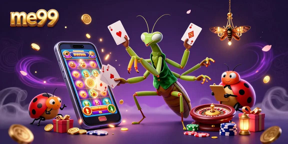Experience the excitement of me99 with a giant praying mantis dealer pouring champagne and cards.