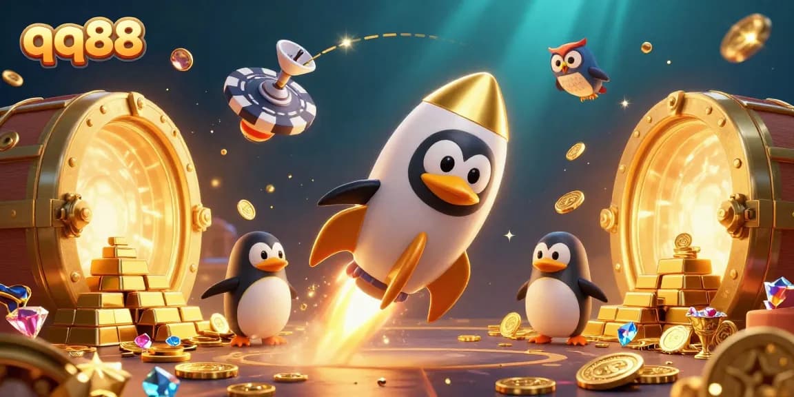 Experience the excitement of qq88 casino with a golden penguin launching towards a vibrant poker chip space station.