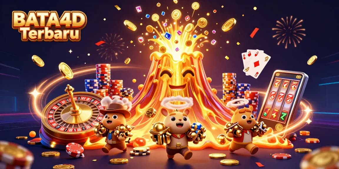 BATA4D Terbaru showcases a dynamic scene with a golden volcano and gaming elements erupting excitement.