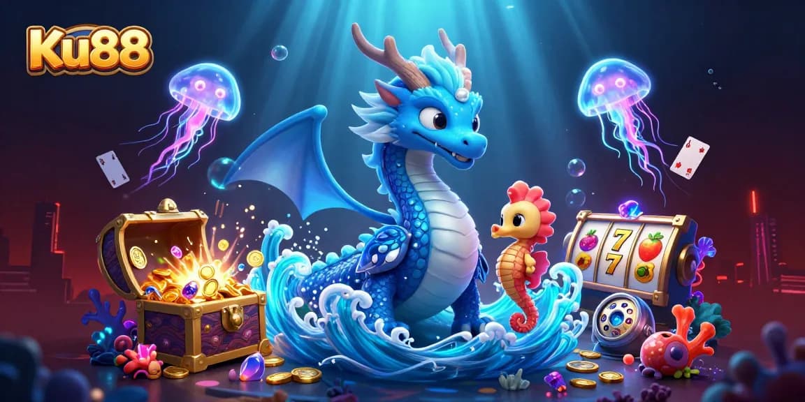 Experience thrilling slots adventures with Ku88's enchanting underwater casino illustration.